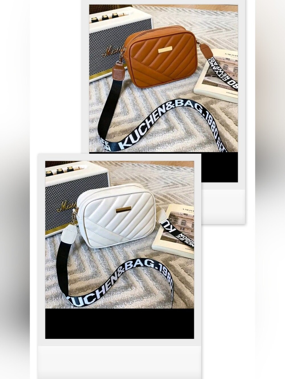 ** COMBO SET 2 QUILTED CROSSBODY BAG WITH BRANDED STRAP - WHITE / BROWN* 🤍👜🤎
